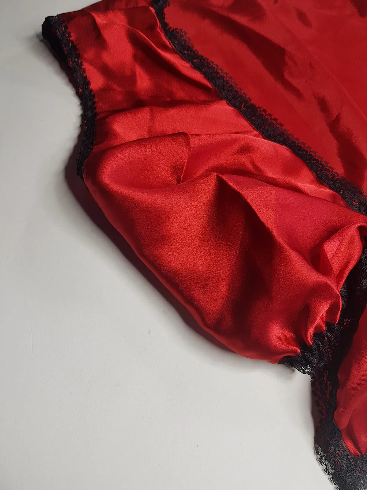 Vintage 1980s Arabian Playboy Style Belly Dance Lingerie 3 Piece Set - Rich Ruby Red Satin & Black Lace - Tie Top & Long Slits up the Sides of the Pants - Matching Sheer Lace Face Covering