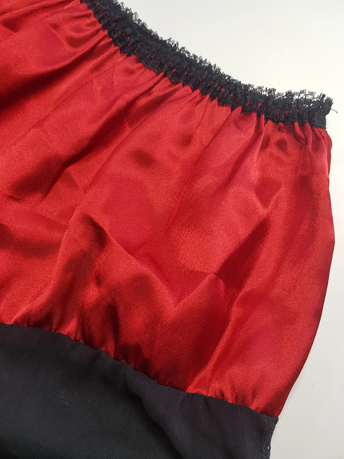 Vintage 1980s Arabian Playboy Style Belly Dance Lingerie 3 Piece Set - Rich Ruby Red Satin & Black Lace - Tie Top & Long Slits up the Sides of the Pants - Matching Sheer Lace Face Covering