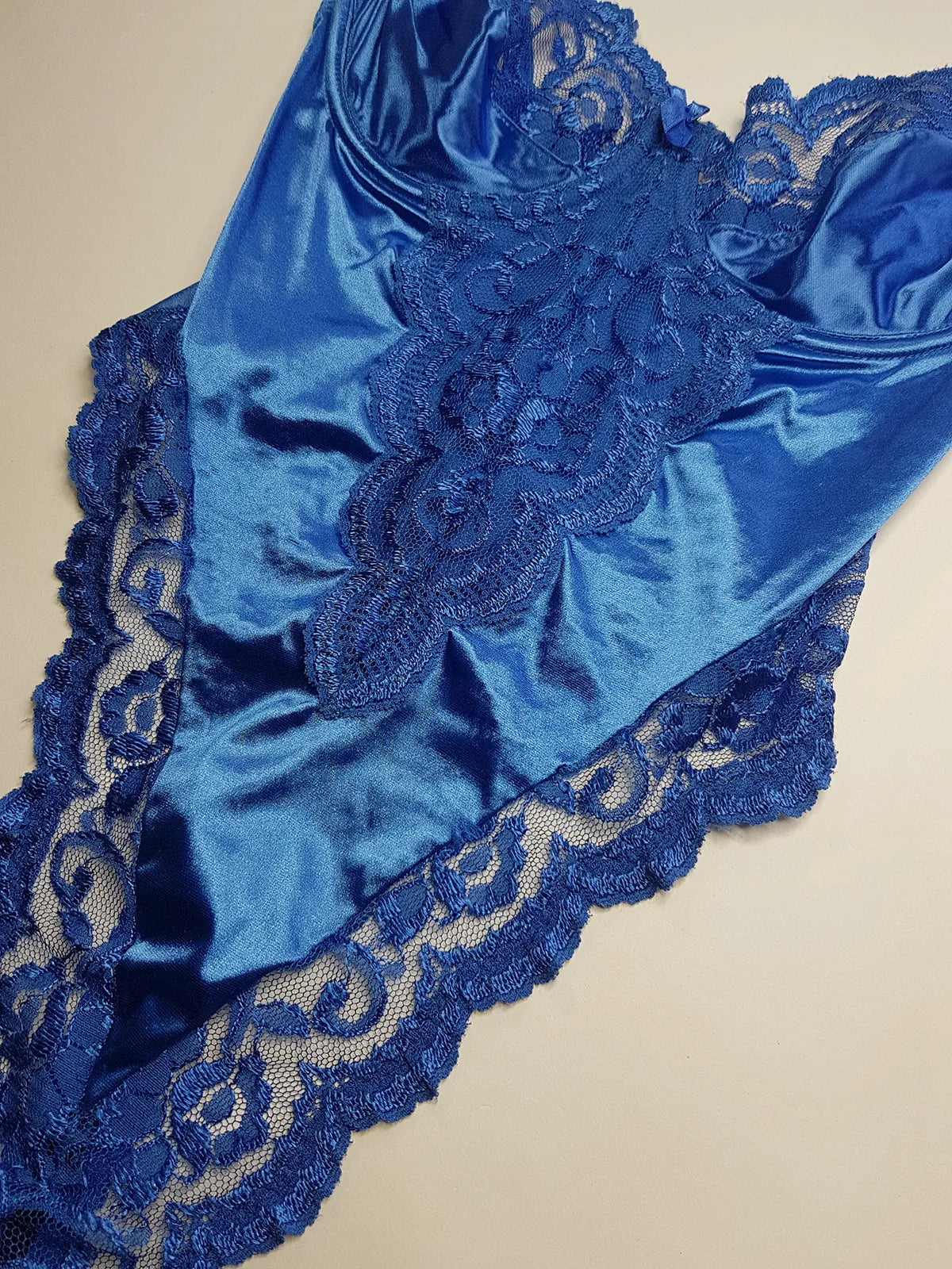 1990s Vintage Dreamy Lace & Satin High Cut Teddy Bodysuit - Unworn - Unbelievably Gorgeous in Beautiful Rich Blue