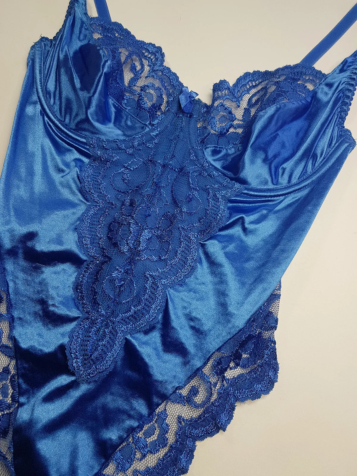 1990s Vintage Dreamy Lace & Satin High Cut Teddy Bodysuit - Unworn - Unbelievably Gorgeous in Beautiful Rich Blue