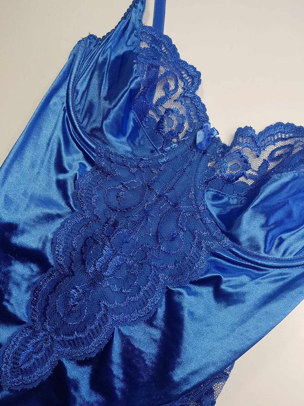1990s Vintage Dreamy Lace & Satin High Cut Teddy Bodysuit - Unworn - Unbelievably Gorgeous in Beautiful Rich Blue