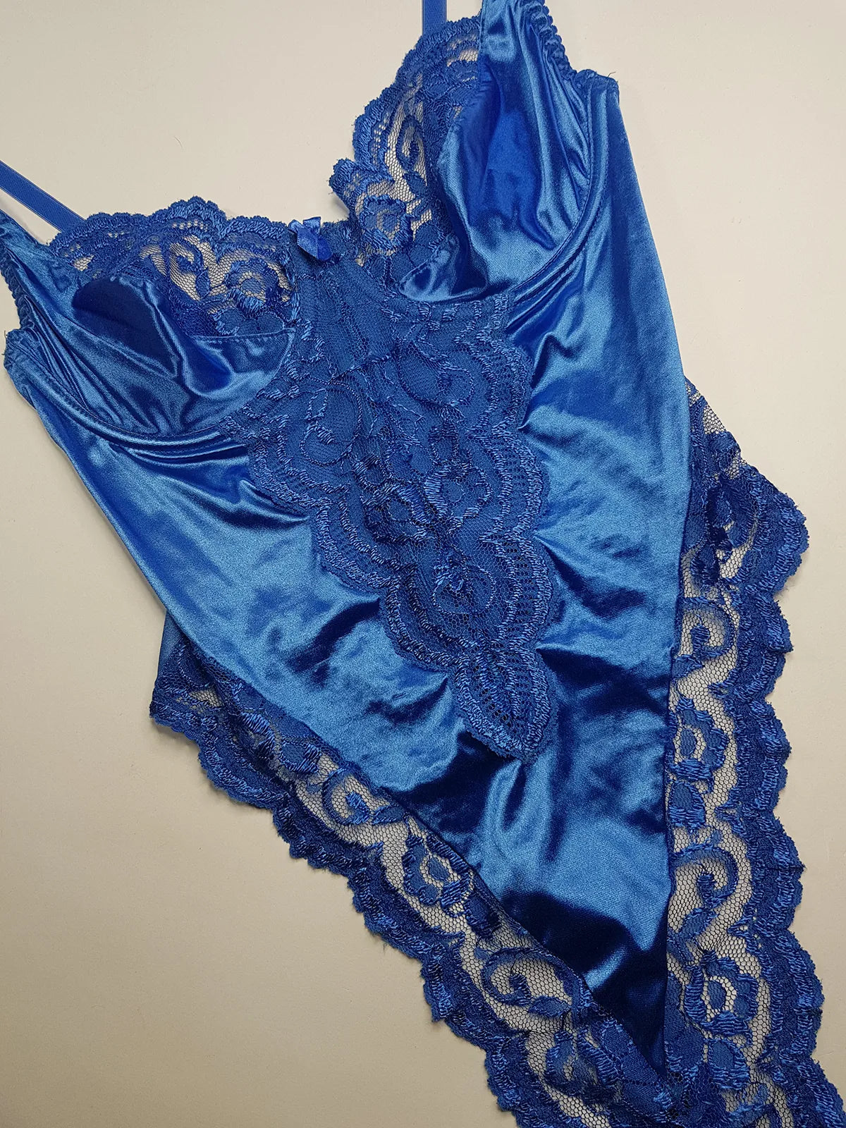 1990s Vintage Dreamy Lace & Satin High Cut Teddy Bodysuit - Unworn - Unbelievably Gorgeous in Beautiful Rich Blue