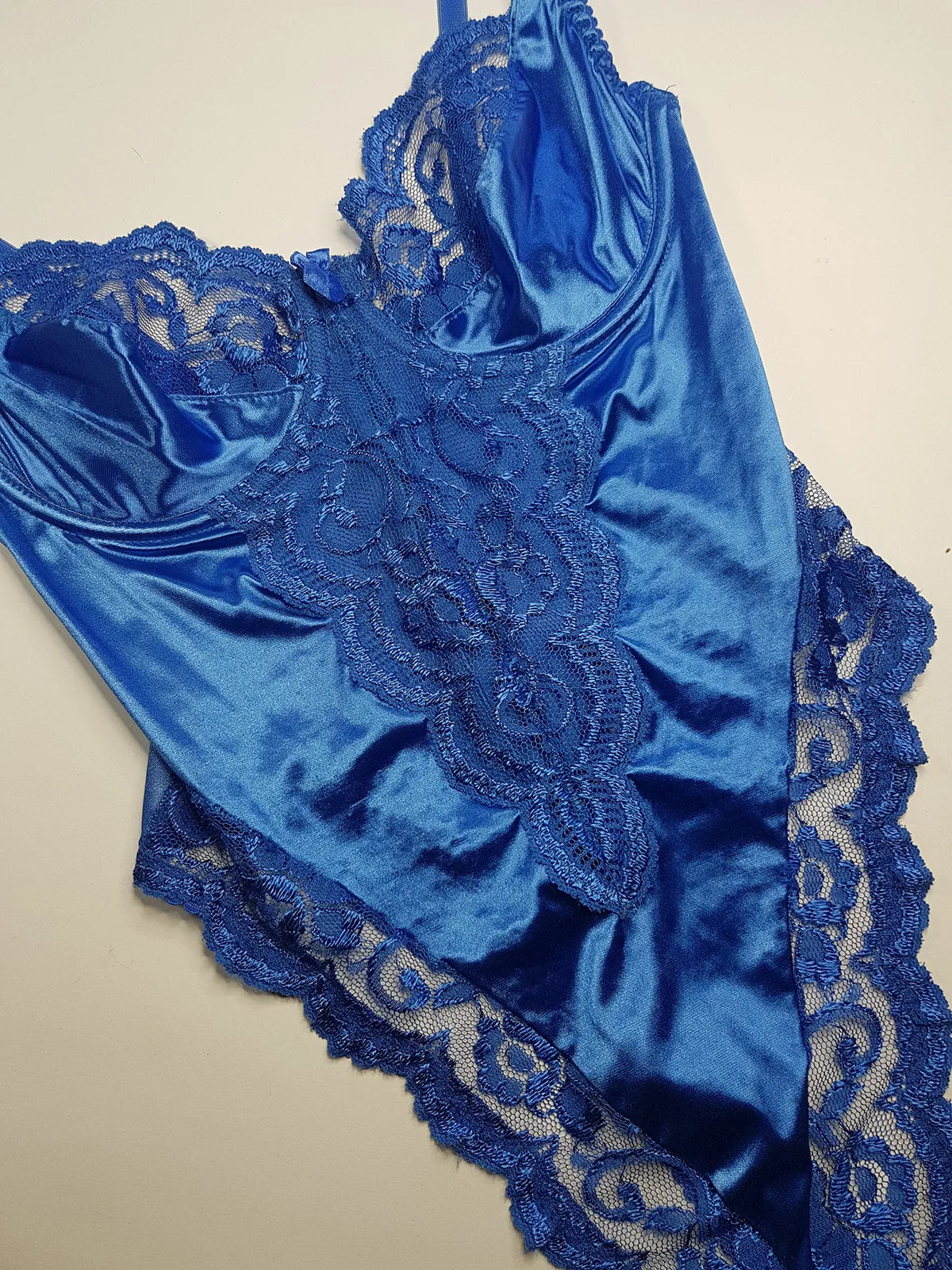 1990s Vintage Dreamy Lace & Satin High Cut Teddy Bodysuit - Unworn - Unbelievably Gorgeous in Beautiful Rich Blue