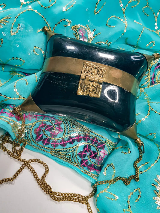 1930's Minaudière Velvet-Lined Horn & Brass Pillow Box Purse