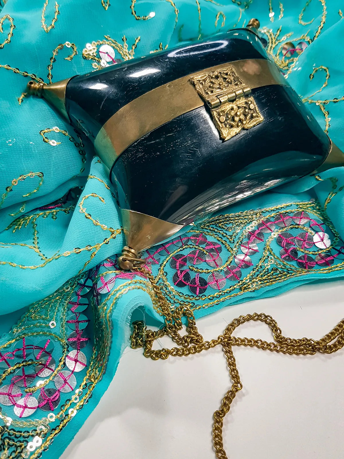 1930's Minaudière Velvet-Lined Horn & Brass Pillow Box Purse