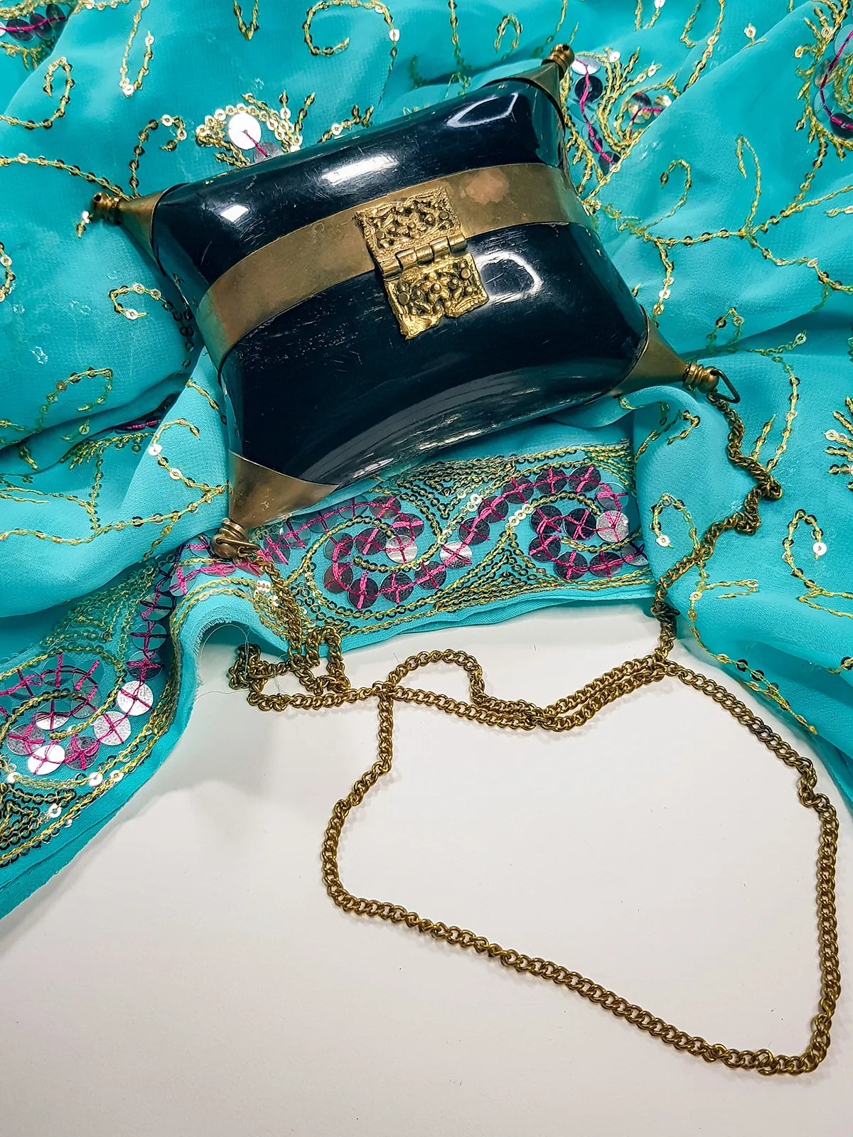 1930's Minaudière Velvet-Lined Horn & Brass Pillow Box Purse