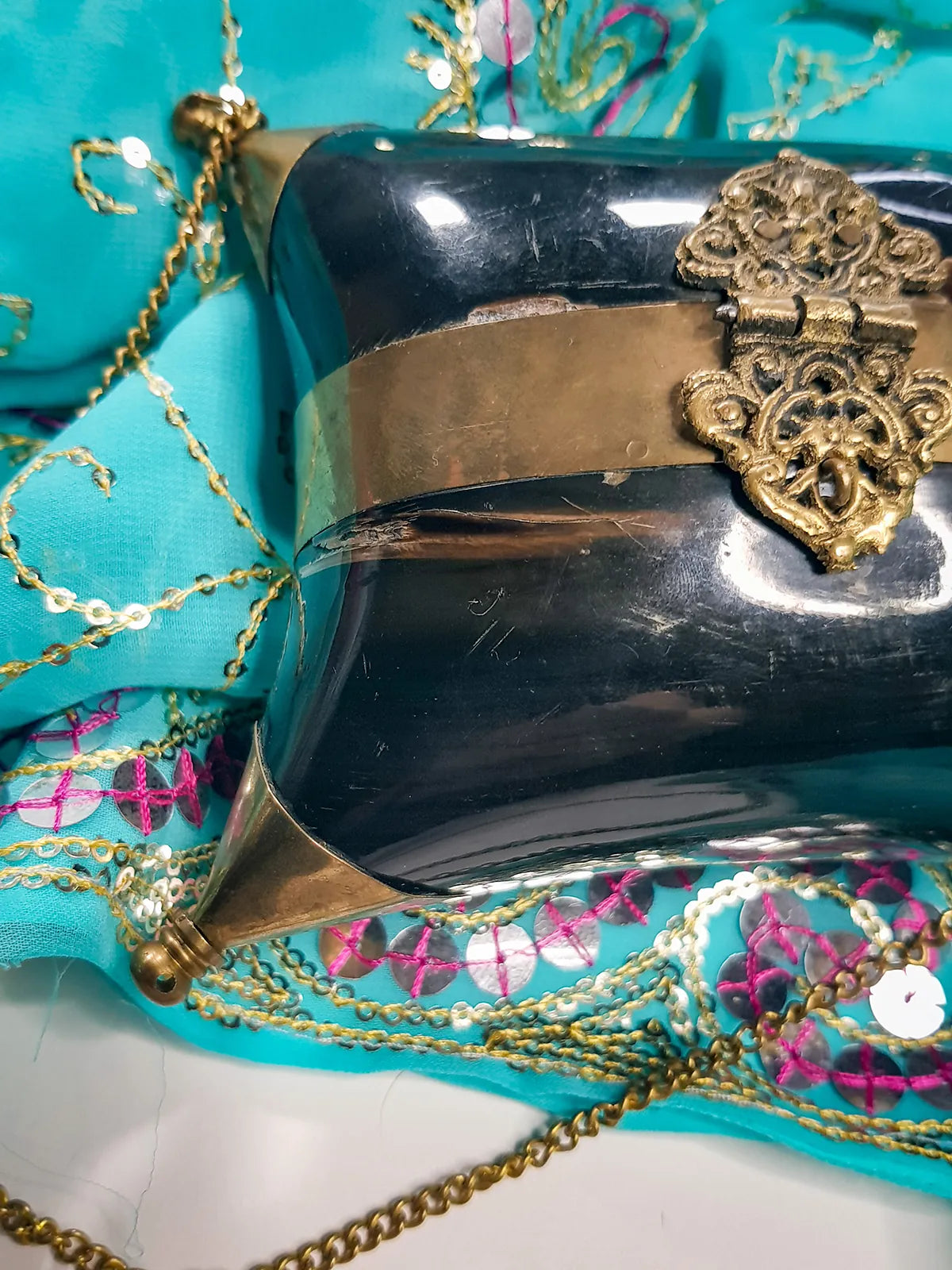 1930's Minaudière Velvet-Lined Horn & Brass Pillow Box Purse