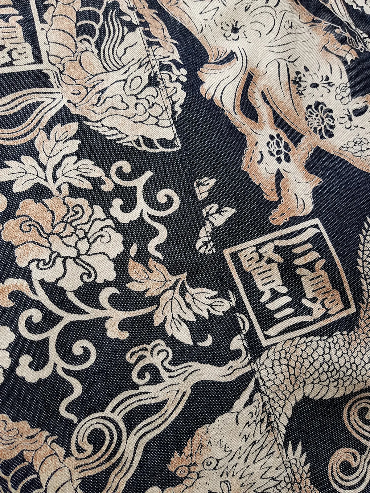 Rare 90s Kenzo France Dragon Denim Coat with Japanese Asian prints in 100% cotton - Made in Italy - Vegan Fur Collar - Fully Lined- Zip Front Closure - Dark Denim Blue with Taupe Gold Prints - Worn by Celebrities