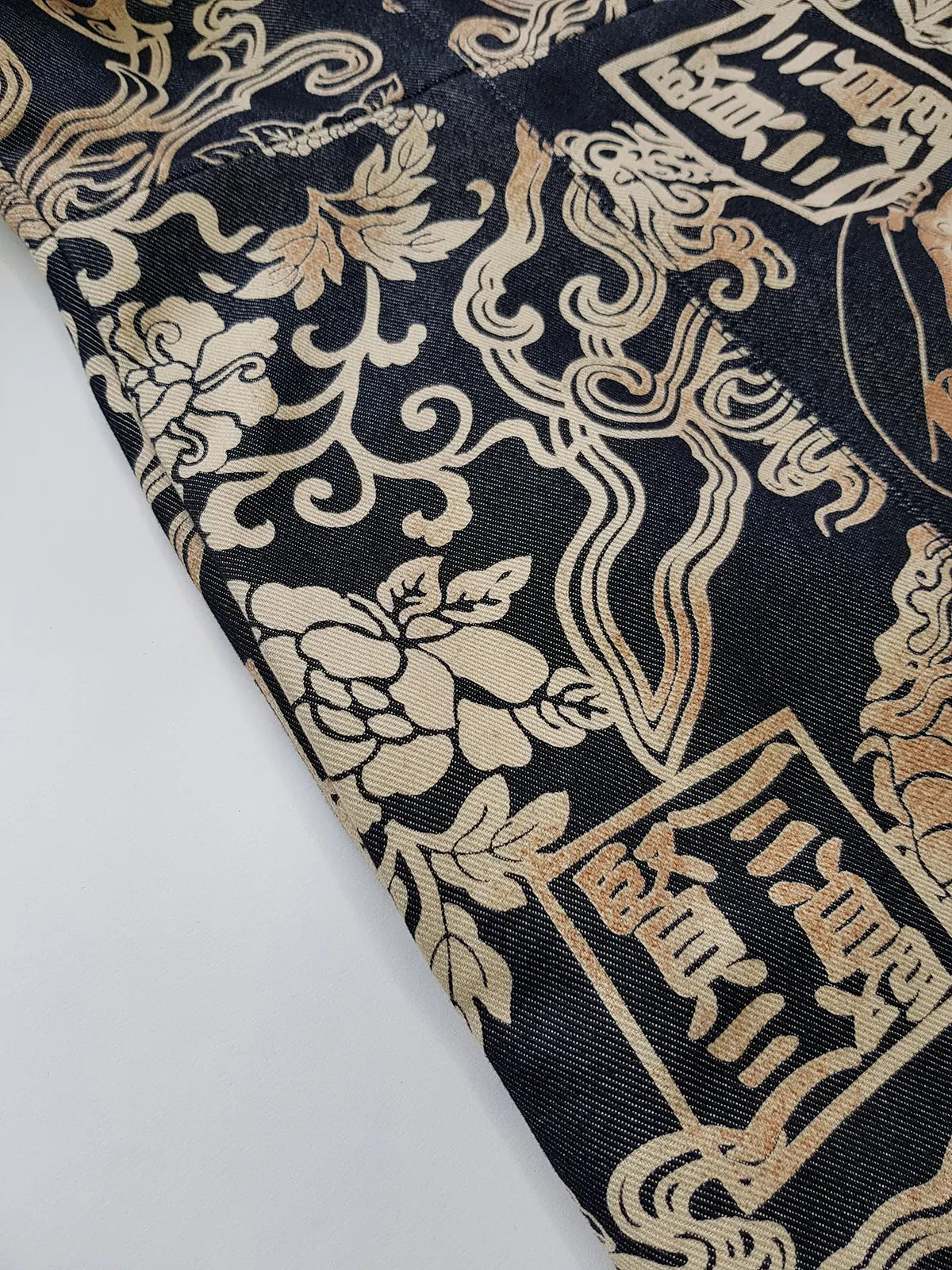 Rare 90s Kenzo France Dragon Denim Coat with Japanese Asian prints in 100% cotton - Made in Italy - Vegan Fur Collar - Fully Lined- Zip Front Closure - Dark Denim Blue with Taupe Gold Prints - Worn by Celebrities