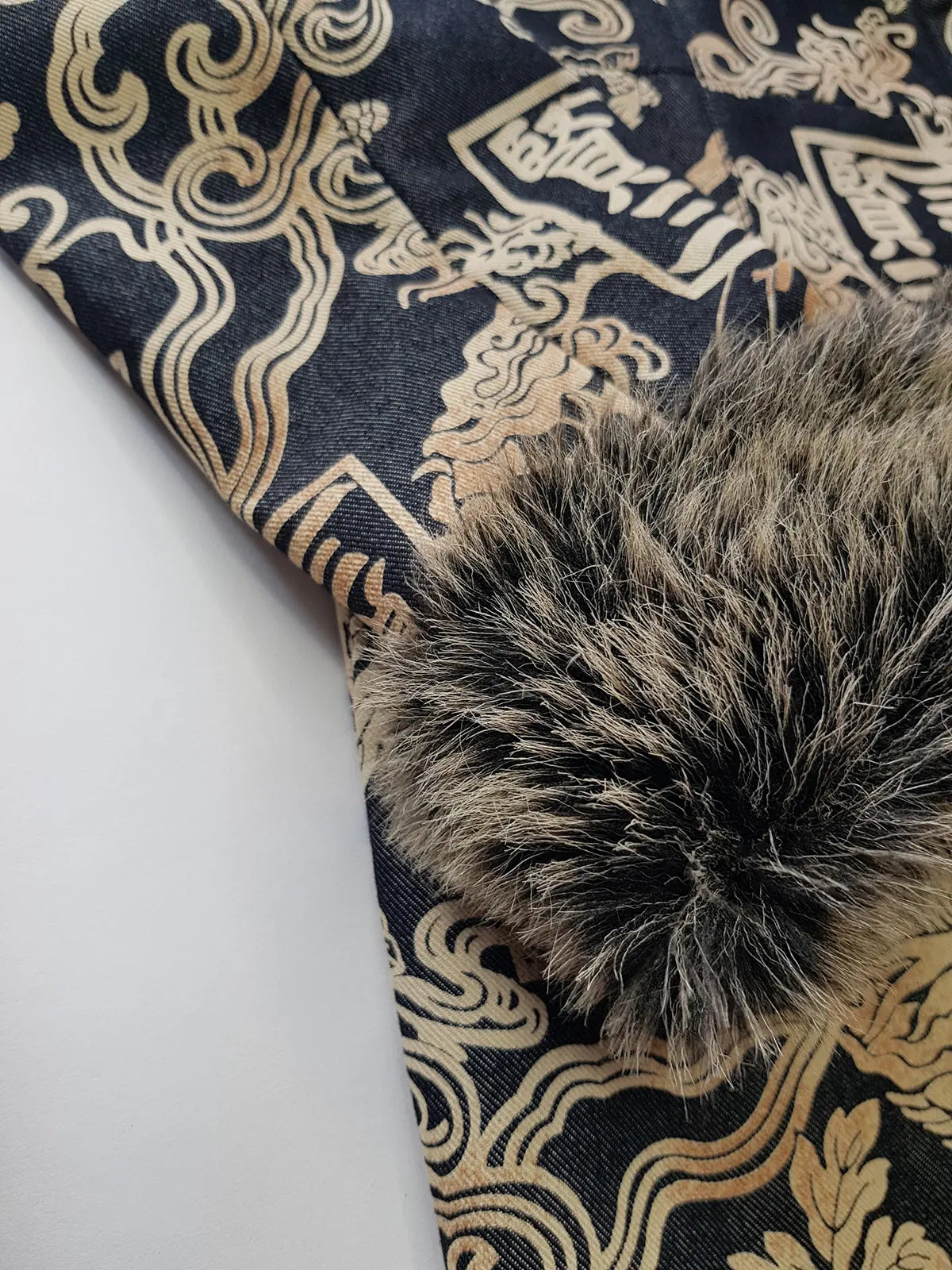 Rare 90s Kenzo France Dragon Denim Coat with Japanese Asian prints in 100% cotton - Made in Italy - Vegan Fur Collar - Fully Lined- Zip Front Closure - Dark Denim Blue with Taupe Gold Prints - Worn by Celebrities