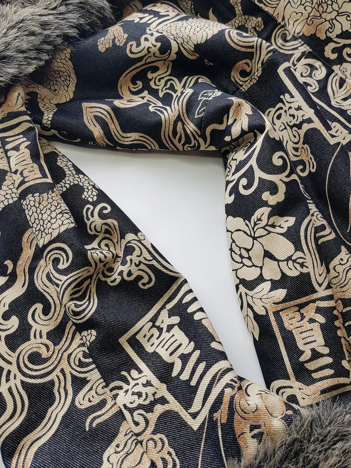 Rare 90s Kenzo France Dragon Denim Coat with Japanese Asian prints in 100% cotton - Made in Italy - Vegan Fur Collar - Fully Lined- Zip Front Closure - Dark Denim Blue with Taupe Gold Prints - Worn by Celebrities