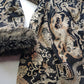 Rare 90s Kenzo France Dragon Denim Coat with Japanese Asian prints in 100% cotton - Made in Italy - Vegan Fur Collar - Fully Lined- Zip Front Closure - Dark Denim Blue with Taupe Gold Prints - Worn by Celebrities