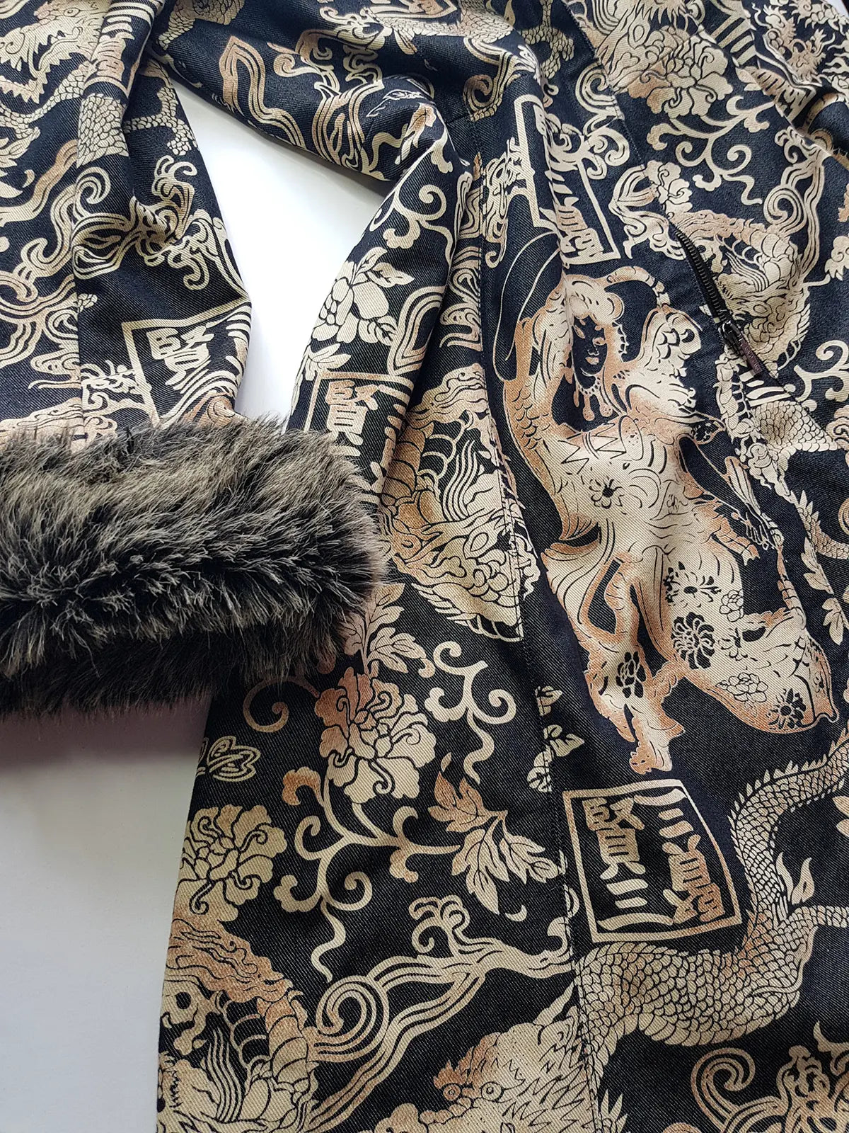 Rare 90s Kenzo France Dragon Denim Coat with Japanese Asian prints in 100% cotton - Made in Italy - Vegan Fur Collar - Fully Lined- Zip Front Closure - Dark Denim Blue with Taupe Gold Prints - Worn by Celebrities
