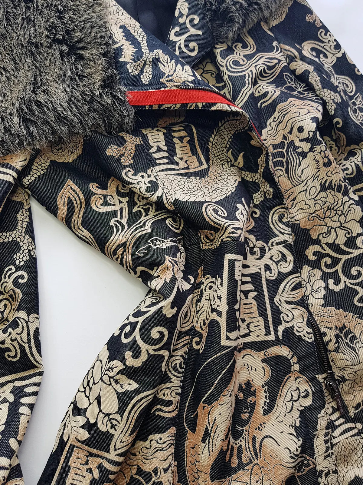 Rare 90s Kenzo France Dragon Denim Coat with Japanese Asian prints in 100% cotton - Made in Italy - Vegan Fur Collar - Fully Lined- Zip Front Closure - Dark Denim Blue with Taupe Gold Prints - Worn by Celebrities