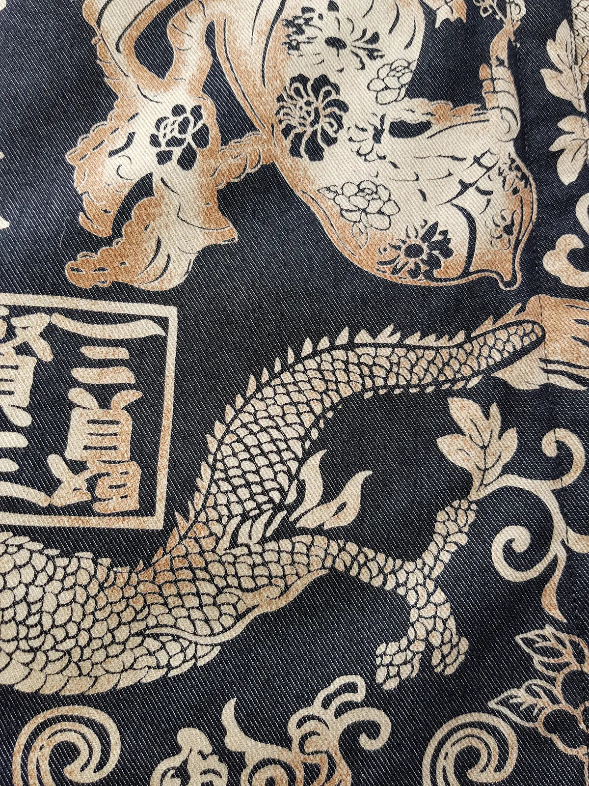 Rare 90s Kenzo France Dragon Denim Coat with Japanese Asian prints in 100% cotton - Made in Italy - Vegan Fur Collar - Fully Lined- Zip Front Closure - Dark Denim Blue with Taupe Gold Prints - Worn by Celebrities