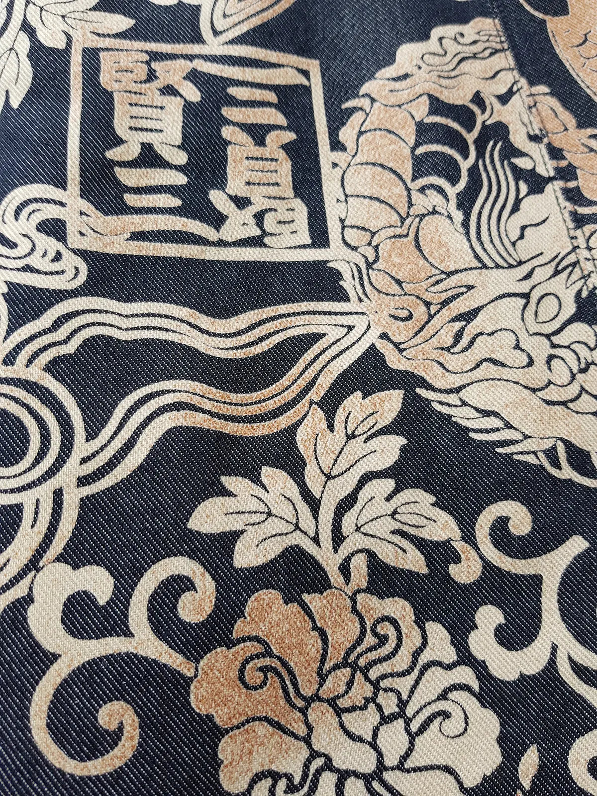 Rare 90s Kenzo France Dragon Denim Coat with Japanese Asian prints in 100% cotton - Made in Italy - Vegan Fur Collar - Fully Lined- Zip Front Closure - Dark Denim Blue with Taupe Gold Prints - Worn by Celebrities