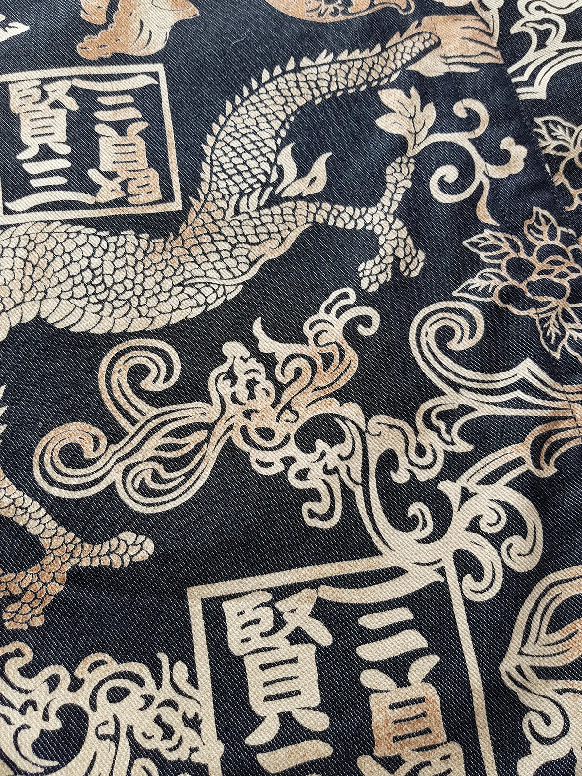 Rare 90s Kenzo France Dragon Denim Coat with Japanese Asian prints in 100% cotton - Made in Italy - Vegan Fur Collar - Fully Lined- Zip Front Closure - Dark Denim Blue with Taupe Gold Prints - Worn by Celebrities