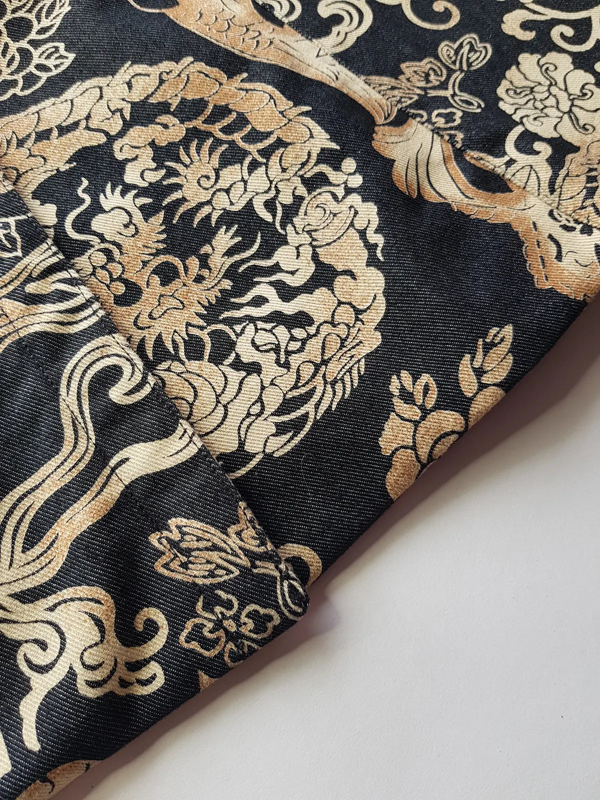 Rare 90s Kenzo France Dragon Denim Coat with Japanese Asian prints in 100% cotton - Made in Italy - Vegan Fur Collar - Fully Lined- Zip Front Closure - Dark Denim Blue with Taupe Gold Prints - Worn by Celebrities