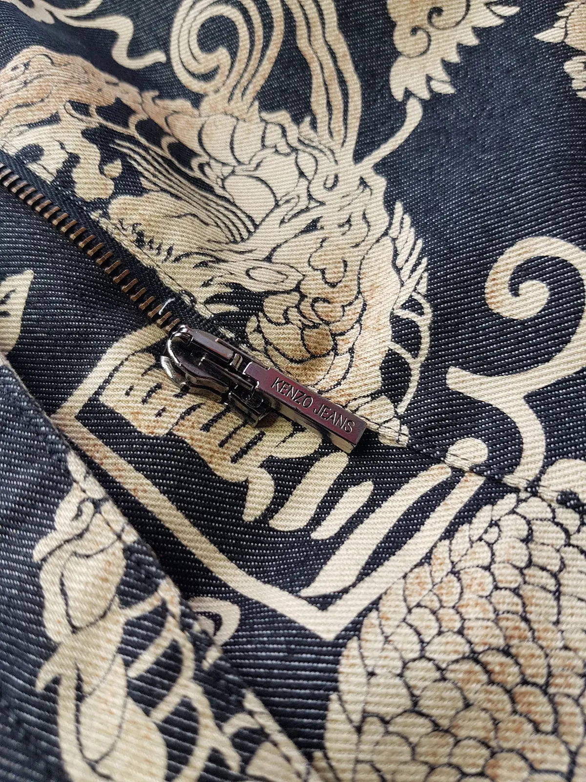 Rare 90s Kenzo France Dragon Denim Coat with Japanese Asian prints in 100% cotton - Made in Italy - Vegan Fur Collar - Fully Lined- Zip Front Closure - Dark Denim Blue with Taupe Gold Prints - Worn by Celebrities