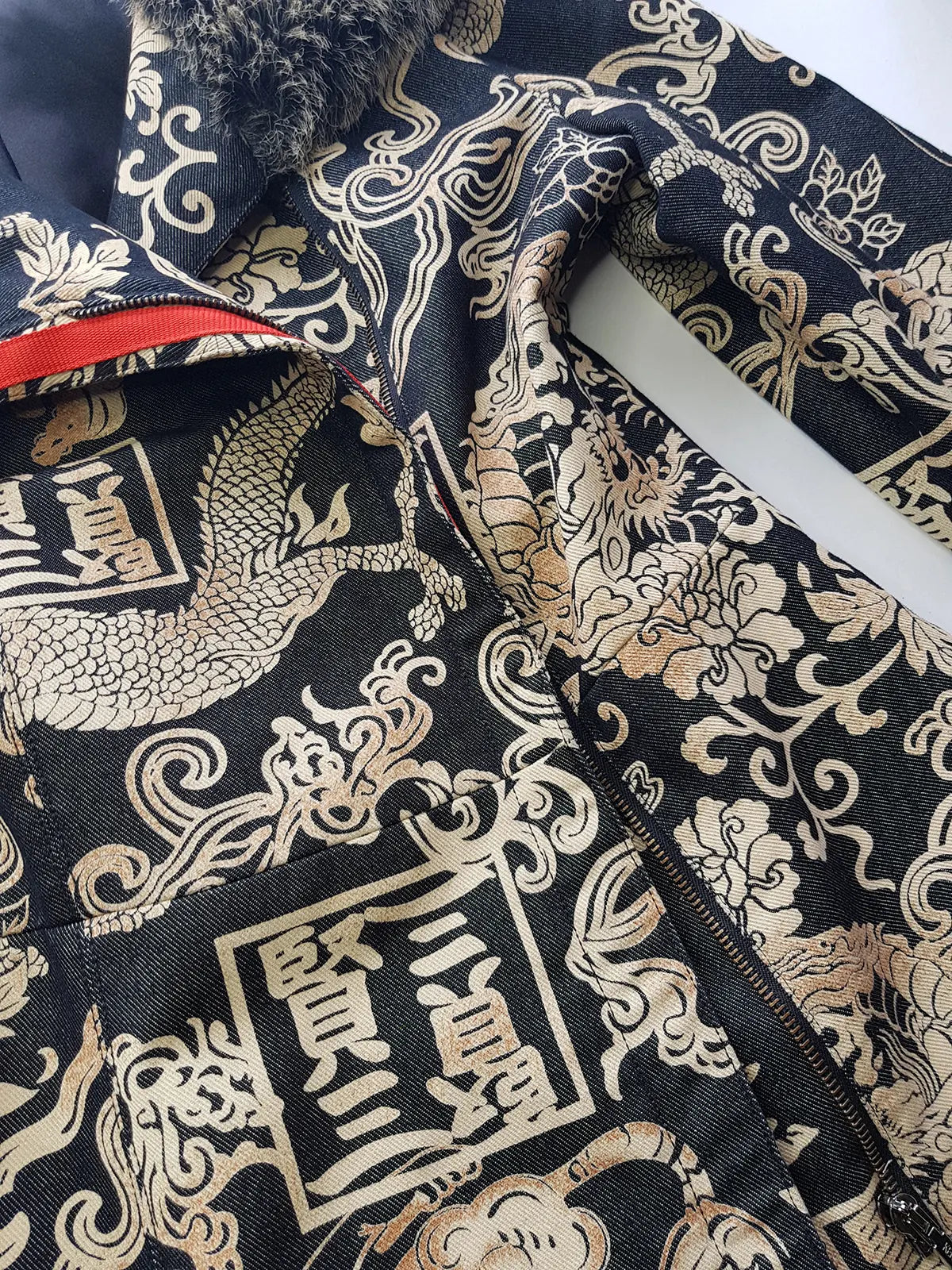 Rare 90s Kenzo France Dragon Denim Coat with Japanese Asian prints in 100% cotton - Made in Italy - Vegan Fur Collar - Fully Lined- Zip Front Closure - Dark Denim Blue with Taupe Gold Prints - Worn by Celebrities