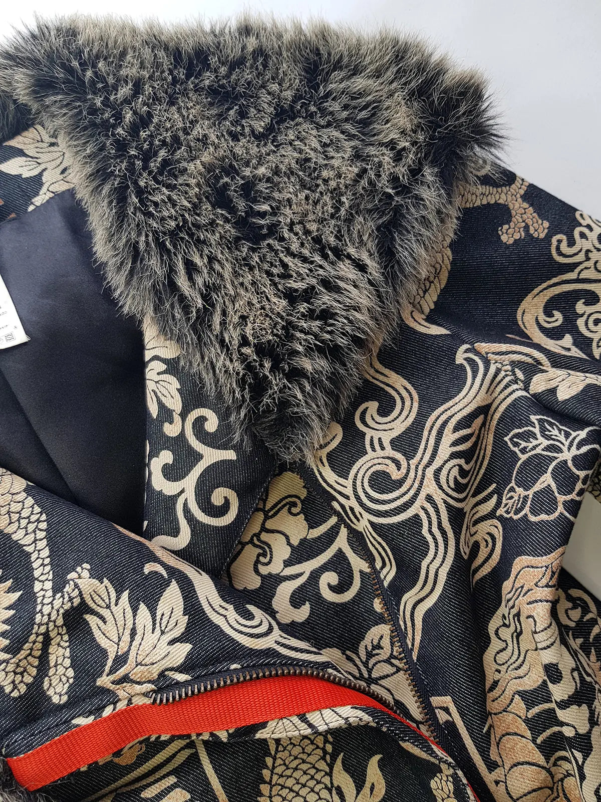 Rare 90s Kenzo France Dragon Denim Coat with Japanese Asian prints in 100% cotton - Made in Italy - Vegan Fur Collar - Fully Lined- Zip Front Closure - Dark Denim Blue with Taupe Gold Prints - Worn by Celebrities