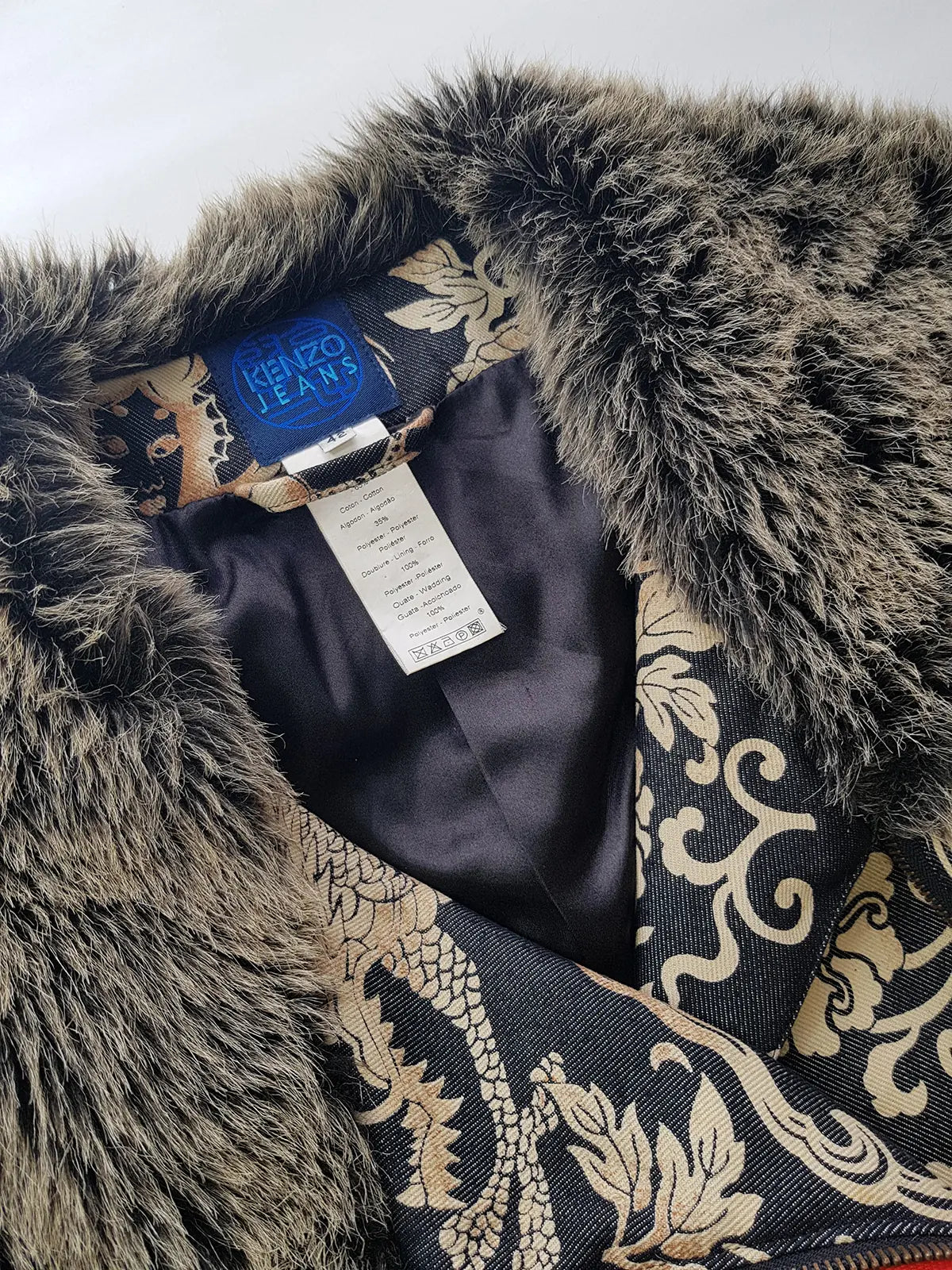 Rare 90s Kenzo France Dragon Denim Coat with Japanese Asian prints in 100% cotton - Made in Italy - Vegan Fur Collar - Fully Lined- Zip Front Closure - Dark Denim Blue with Taupe Gold Prints - Worn by Celebrities