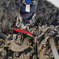 Rare 90s Kenzo France Dragon Denim Coat with Japanese Asian prints in 100% cotton - Made in Italy - Vegan Fur Collar - Fully Lined- Zip Front Closure - Dark Denim Blue with Taupe Gold Prints - Worn by Celebrities