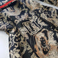 Rare 90s Kenzo France Dragon Denim Coat with Japanese Asian prints in 100% cotton - Made in Italy - Vegan Fur Collar - Fully Lined- Zip Front Closure - Dark Denim Blue with Taupe Gold Prints - Worn by Celebrities