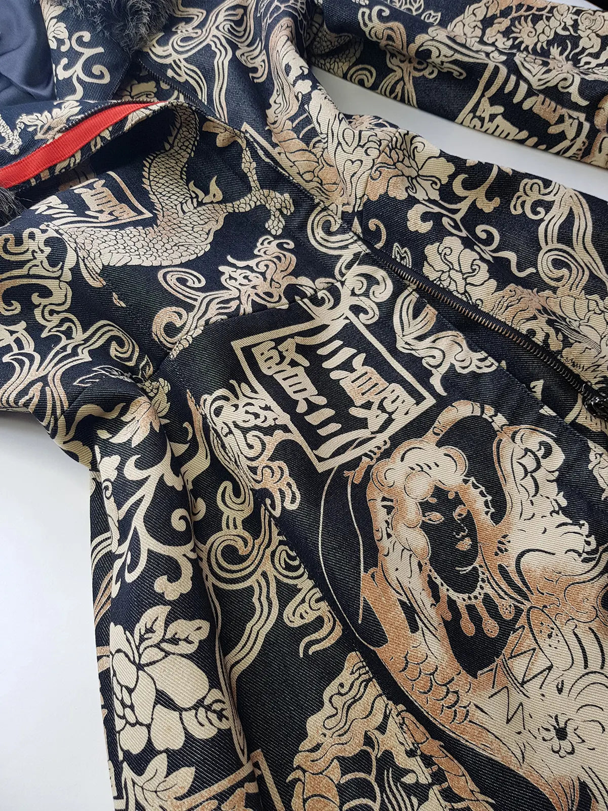 Rare 90s Kenzo France Dragon Denim Coat with Japanese Asian prints in 100% cotton - Made in Italy - Vegan Fur Collar - Fully Lined- Zip Front Closure - Dark Denim Blue with Taupe Gold Prints - Worn by Celebrities