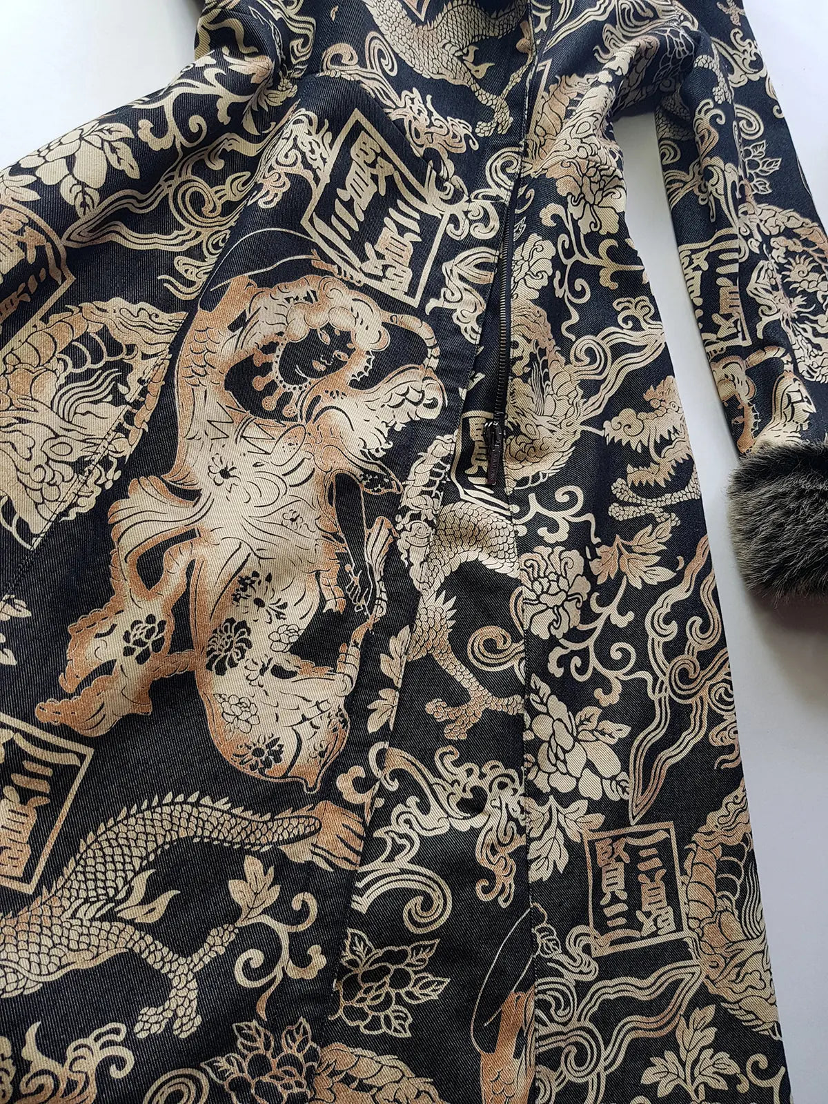 Rare 90s Kenzo France Dragon Denim Coat with Japanese Asian prints in 100% cotton - Made in Italy - Vegan Fur Collar - Fully Lined- Zip Front Closure - Dark Denim Blue with Taupe Gold Prints - Worn by Celebrities