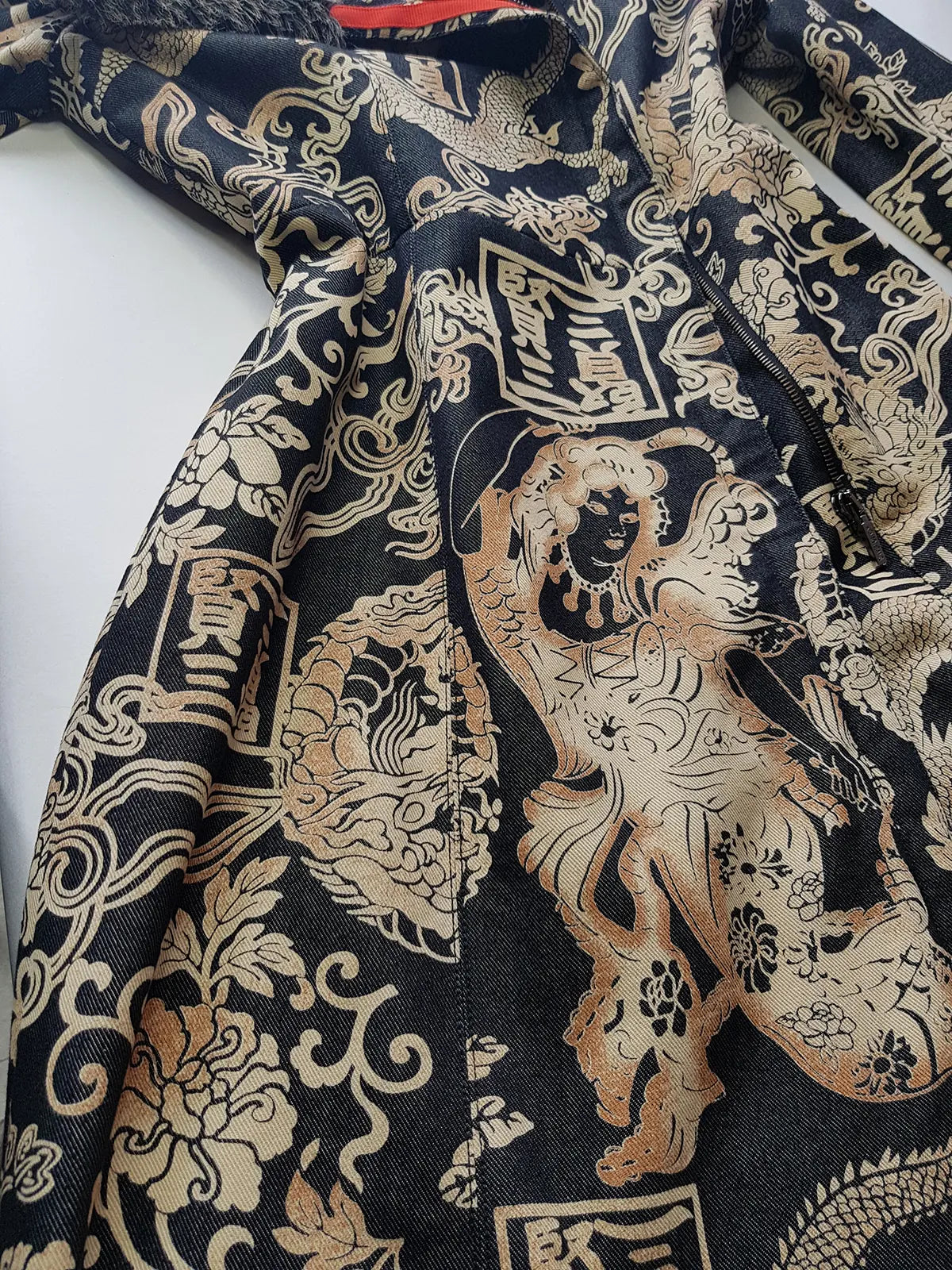 Rare 90s Kenzo France Dragon Denim Coat with Japanese Asian prints in 100% cotton - Made in Italy - Vegan Fur Collar - Fully Lined- Zip Front Closure - Dark Denim Blue with Taupe Gold Prints - Worn by Celebrities