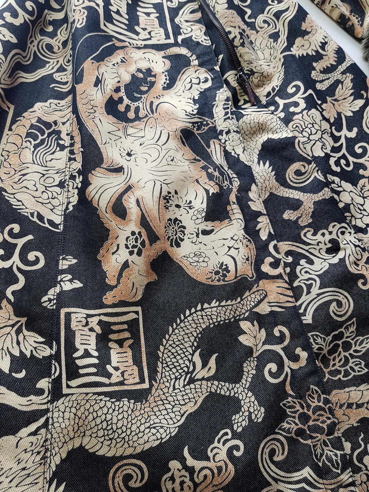 Rare 90s Kenzo France Dragon Denim Coat with Japanese Asian prints in 100% cotton - Made in Italy - Vegan Fur Collar - Fully Lined- Zip Front Closure - Dark Denim Blue with Taupe Gold Prints - Worn by Celebrities