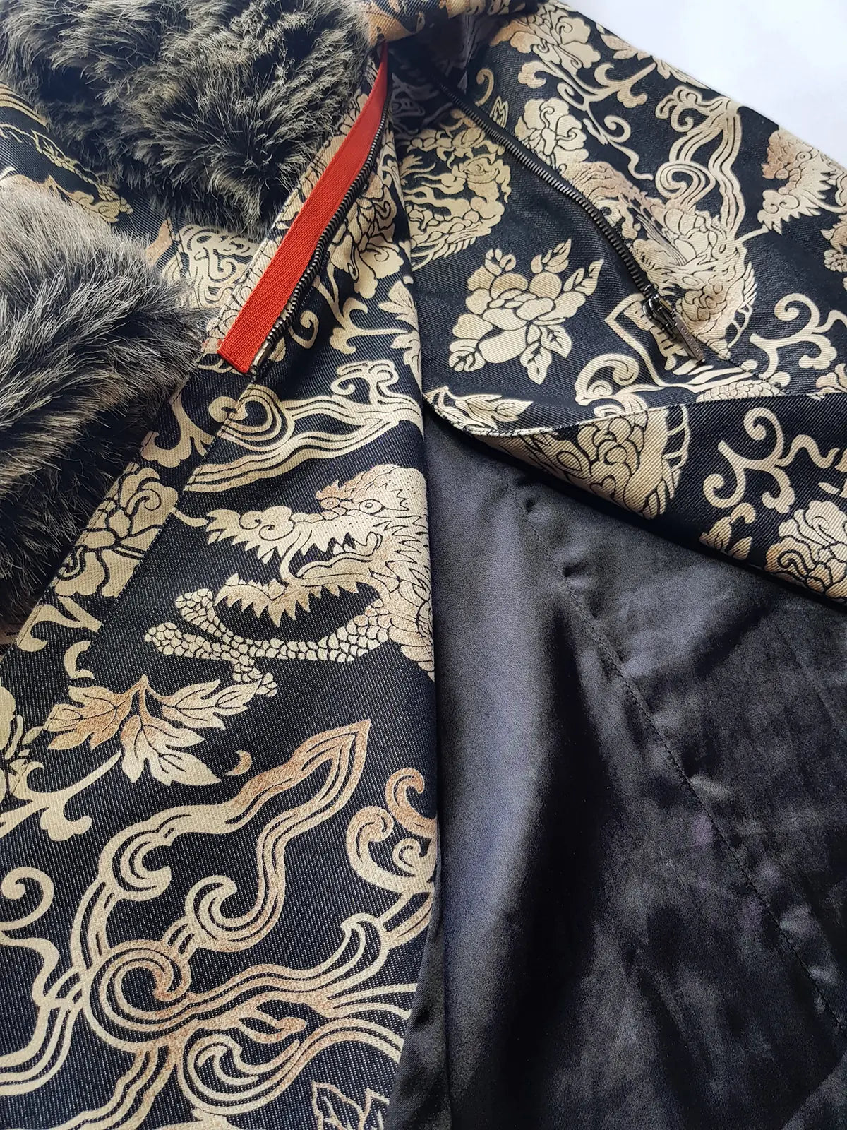 Rare 90s Kenzo France Dragon Denim Coat with Japanese Asian prints in 100% cotton - Made in Italy - Vegan Fur Collar - Fully Lined- Zip Front Closure - Dark Denim Blue with Taupe Gold Prints - Worn by Celebrities