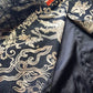 Rare 90s Kenzo France Dragon Denim Coat with Japanese Asian prints in 100% cotton - Made in Italy - Vegan Fur Collar - Fully Lined- Zip Front Closure - Dark Denim Blue with Taupe Gold Prints - Worn by Celebrities