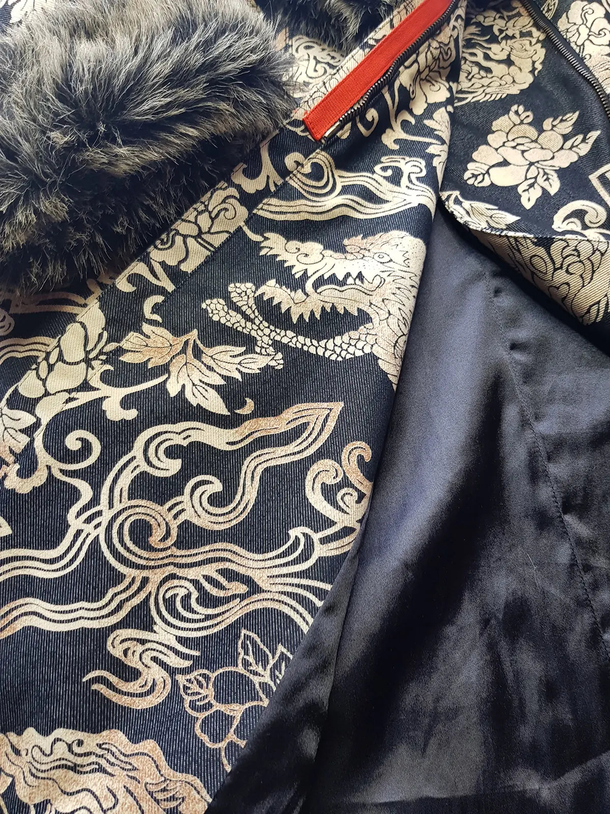 Rare 90s Kenzo France Dragon Denim Coat with Japanese Asian prints in 100% cotton - Made in Italy - Vegan Fur Collar - Fully Lined- Zip Front Closure - Dark Denim Blue with Taupe Gold Prints - Worn by Celebrities