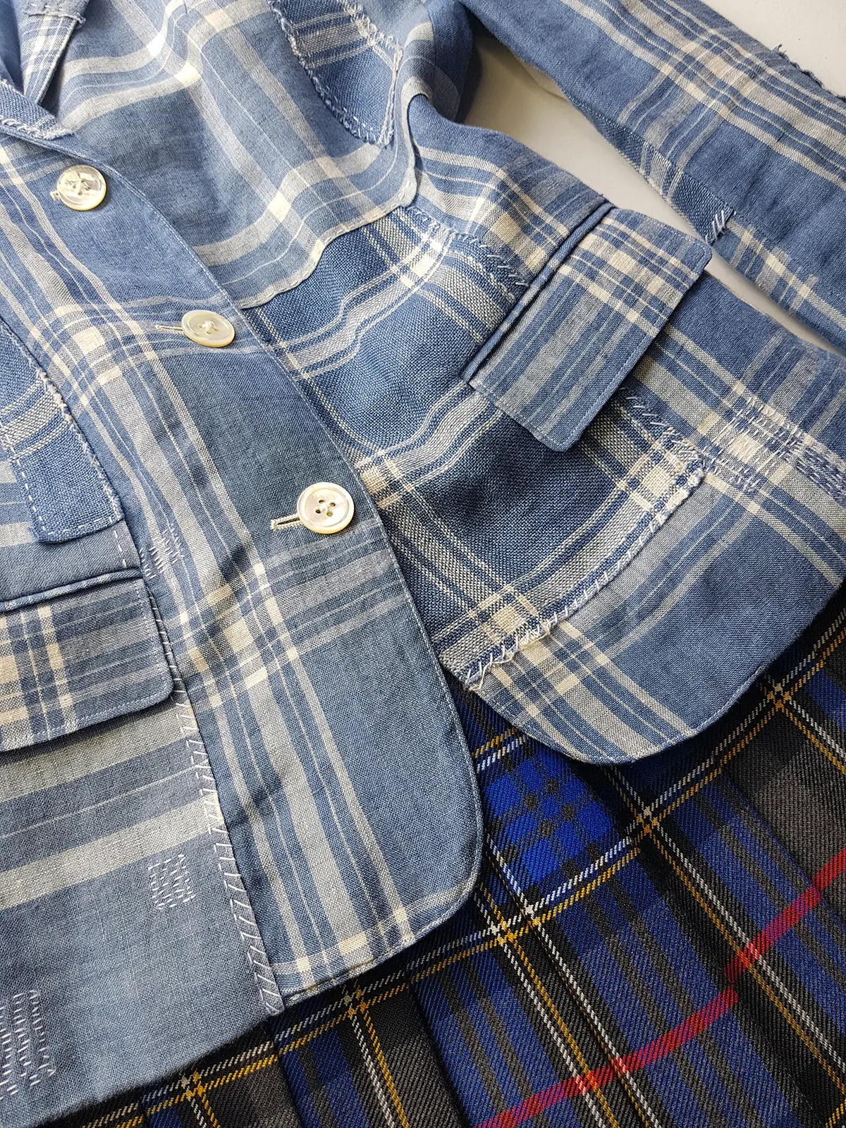 Authentic Ralph Lauren Light & Dreamy Denim Blues Summertime Patchwork Jacket - Western Cowgirl Americana Influences in Blue & White linen