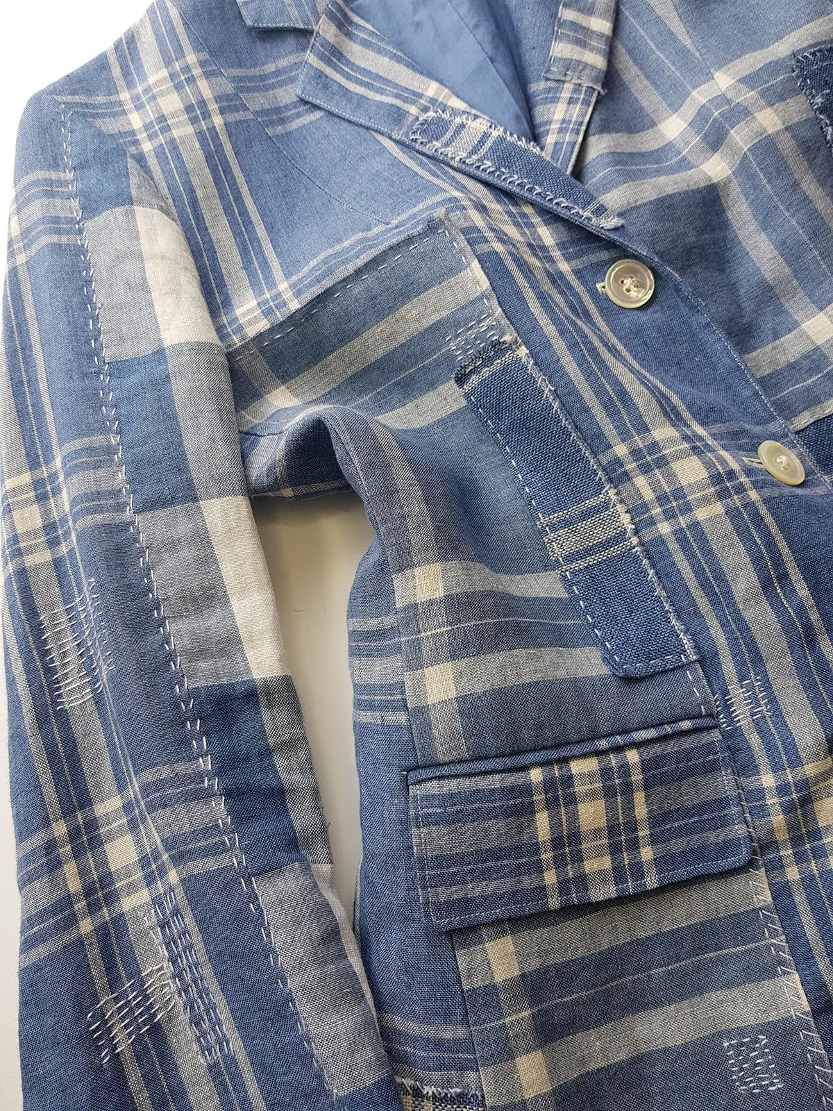 Authentic Ralph Lauren Light & Dreamy Denim Blues Summertime Patchwork Jacket - Western Cowgirl Americana Influences in Blue & White linen