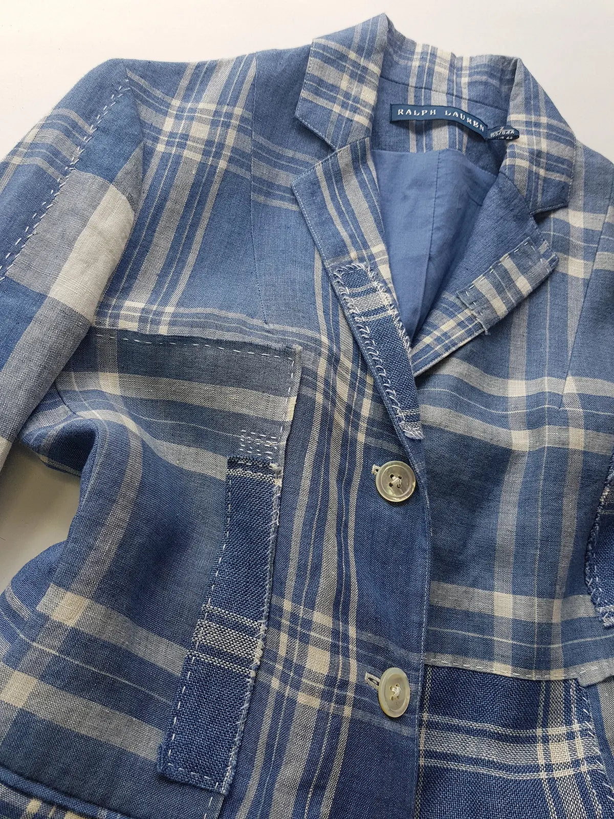 Authentic Ralph Lauren Light & Dreamy Denim Blues Summertime Patchwork Jacket - Western Cowgirl Americana Influences in Blue & White linen