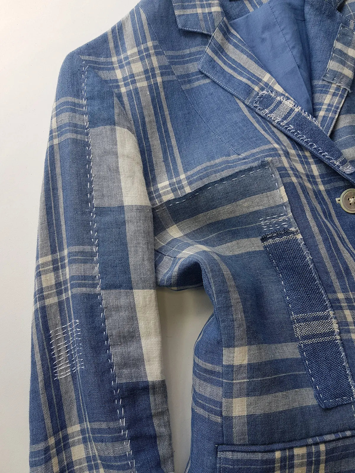 Authentic Ralph Lauren Light & Dreamy Denim Blues Summertime Patchwork Jacket - Western Cowgirl Americana Influences in Blue & White linen