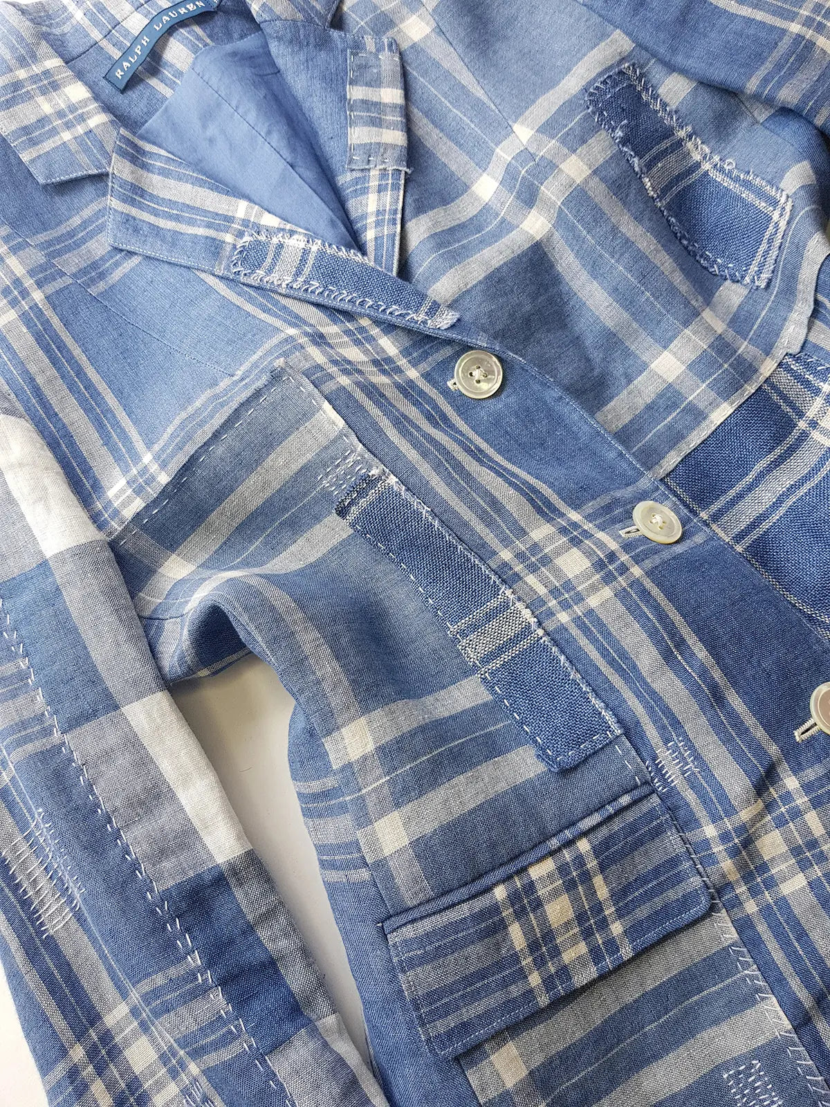 Authentic Ralph Lauren Light & Dreamy Denim Blues Summertime Patchwork Jacket - Western Cowgirl Americana Influences in Blue & White linen