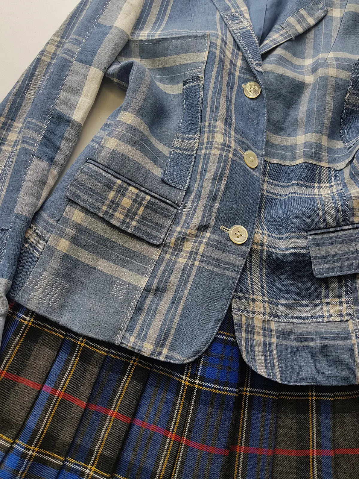 Authentic Ralph Lauren Light & Dreamy Denim Blues Summertime Patchwork Jacket - Western Cowgirl Americana Influences in Blue & White linen