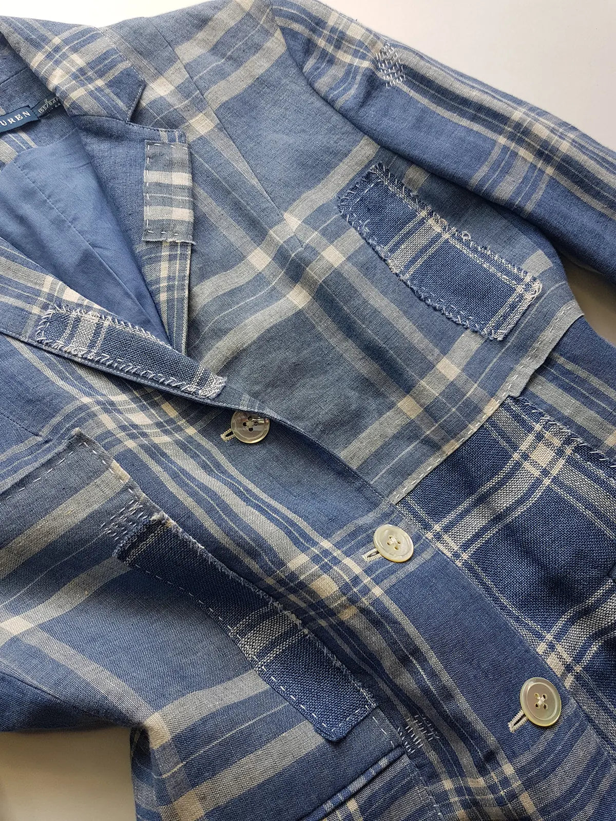 Authentic Ralph Lauren Light & Dreamy Denim Blues Summertime Patchwork Jacket - Western Cowgirl Americana Influences in Blue & White linen