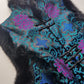 90s Vintage Oriental Brocade Rabbit Fur Trimmed Vest / Dress in Rich Blue and Purples