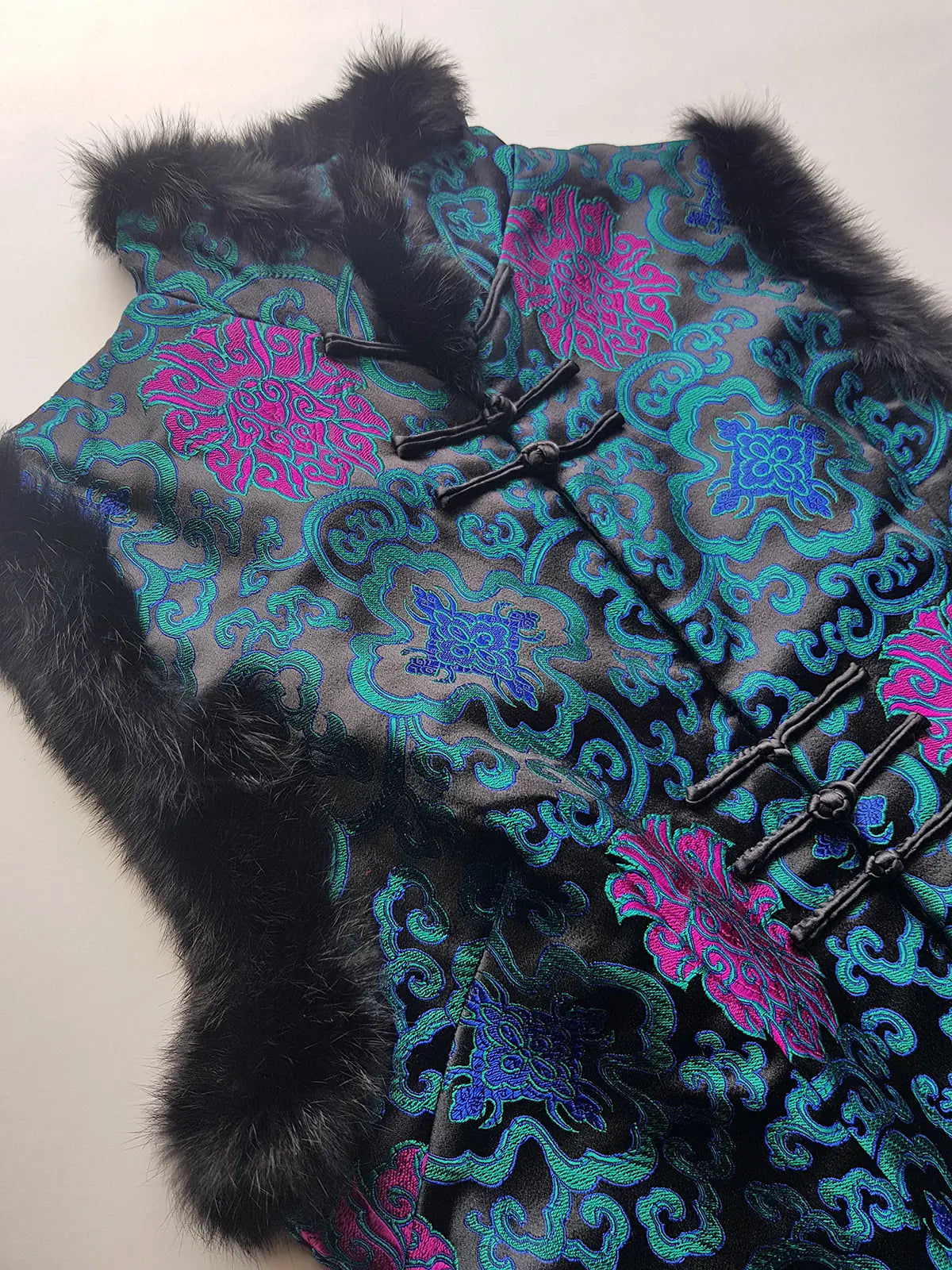 90s Vintage Oriental Brocade Rabbit Fur Trimmed Vest / Dress in Rich Blue and Purples
