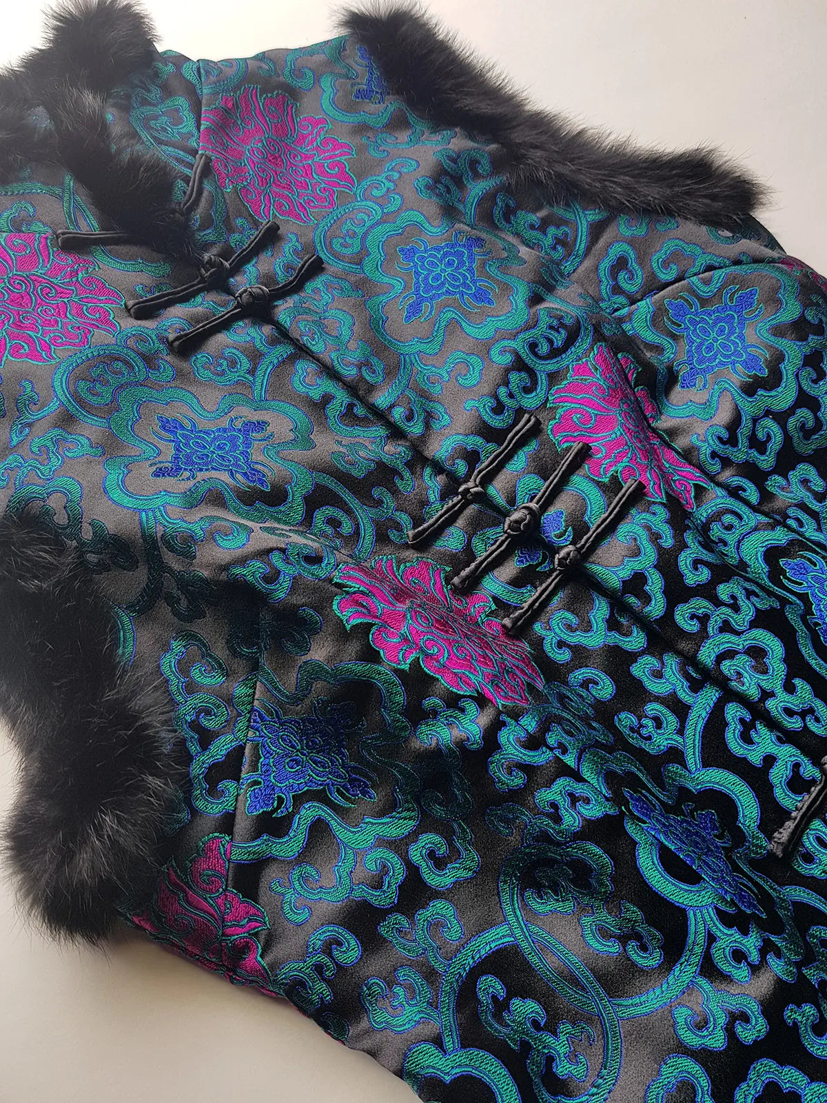 90s Vintage Oriental Brocade Rabbit Fur Trimmed Vest / Dress in Rich Blue and Purples