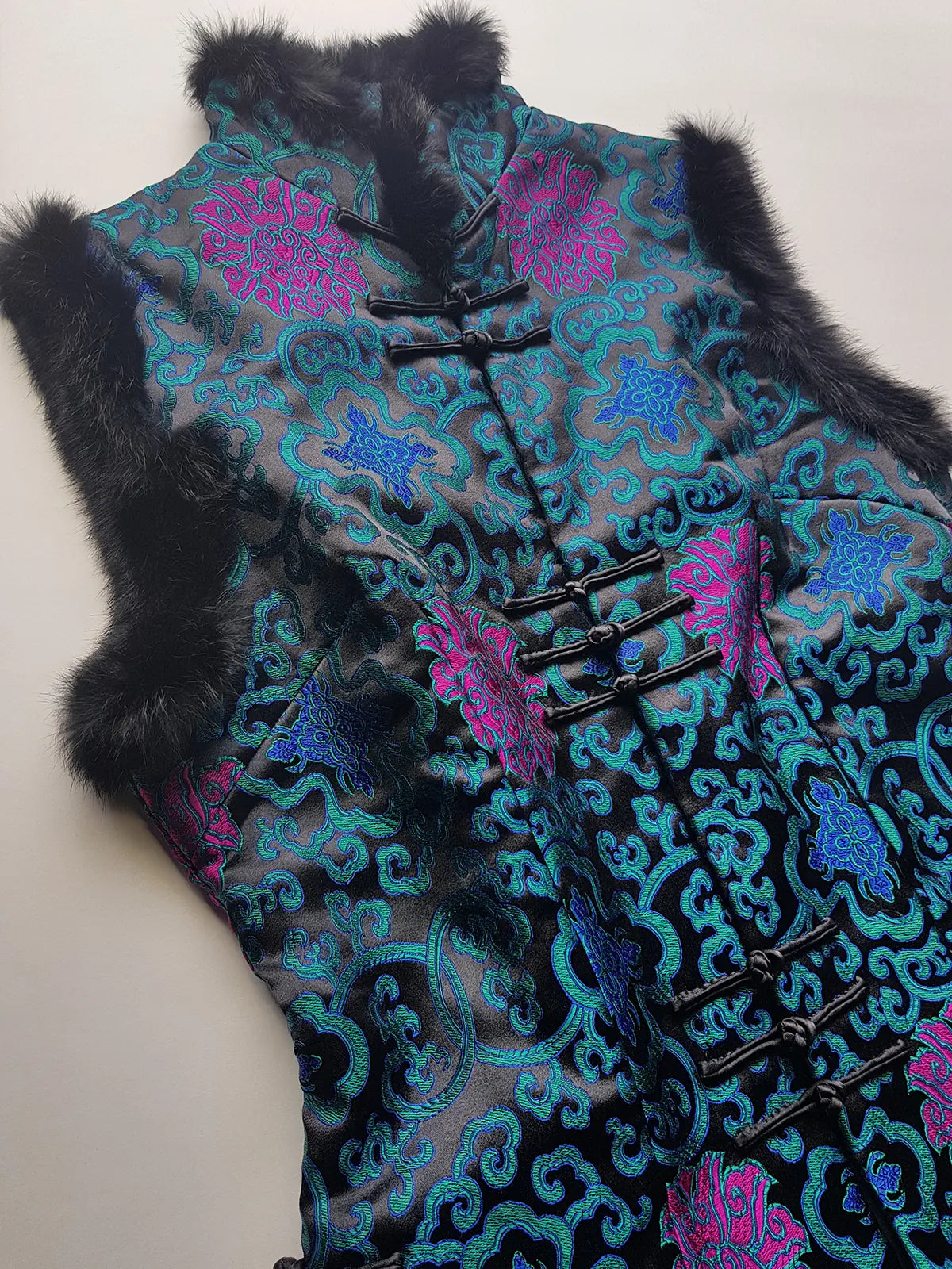 90s Vintage Oriental Brocade Rabbit Fur Trimmed Vest / Dress in Rich Blue and Purples