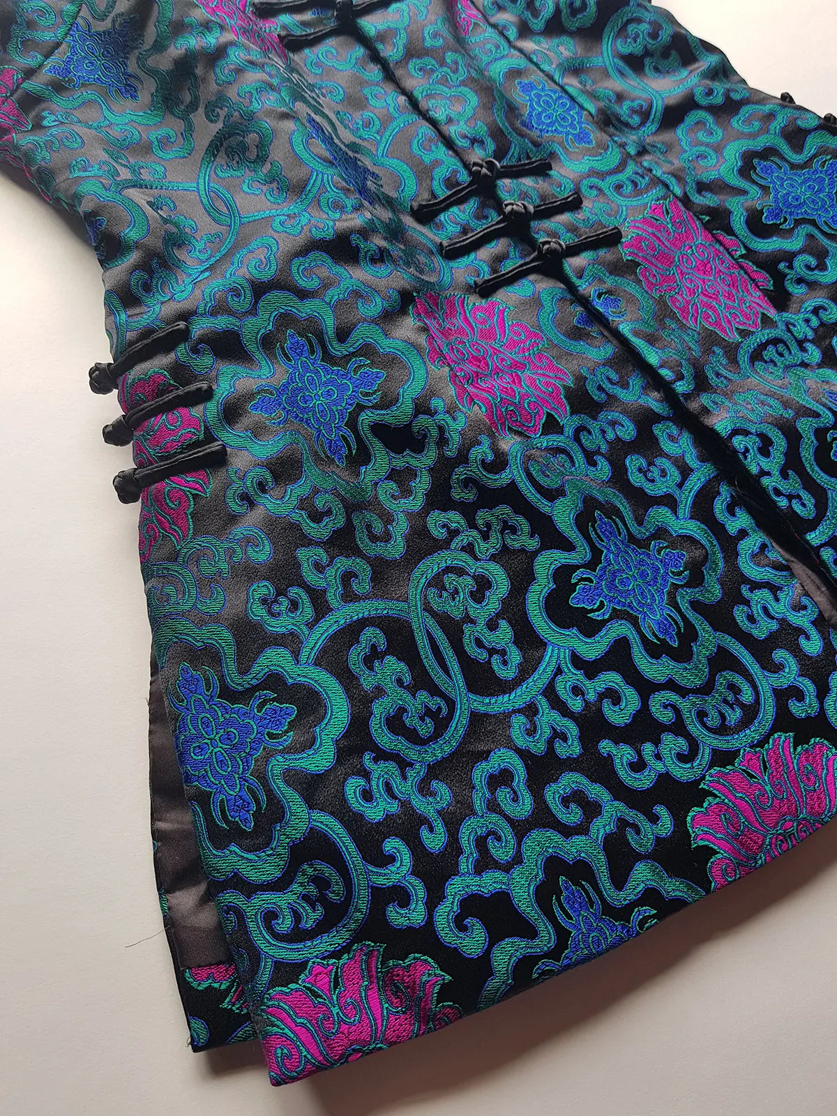 90s Vintage Oriental Brocade Rabbit Fur Trimmed Vest / Dress in Rich Blue and Purples