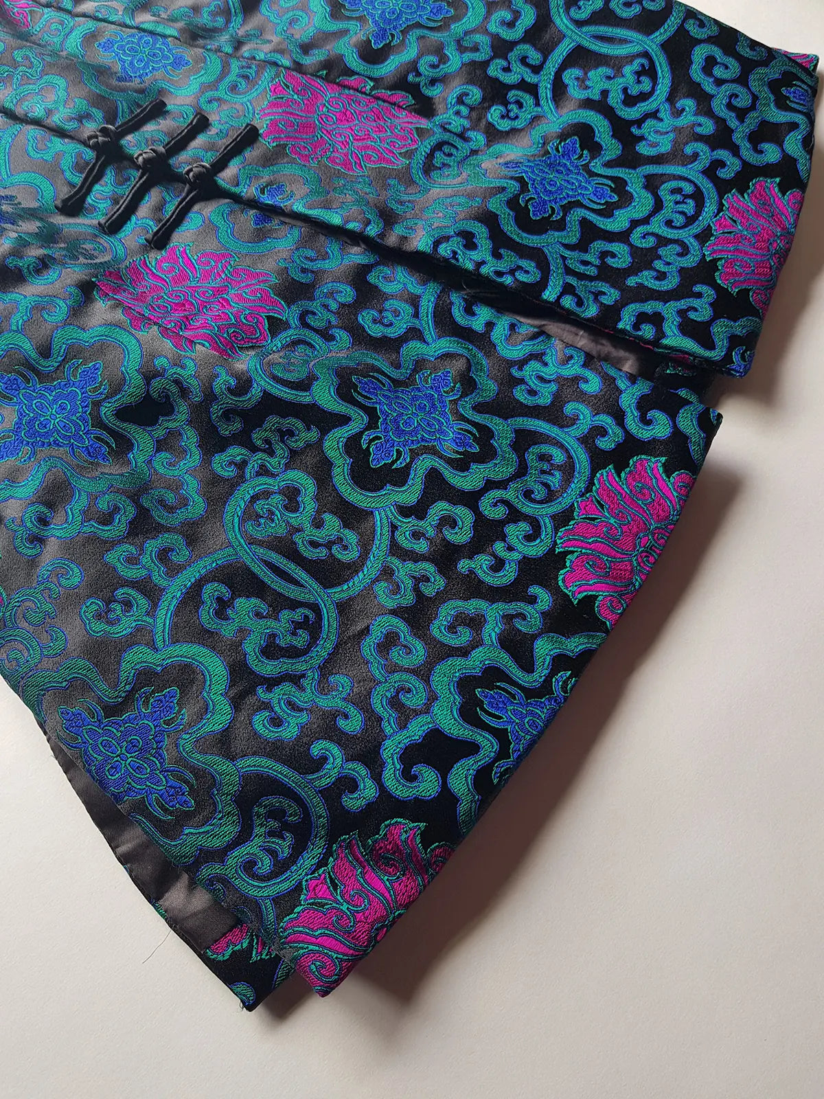 90s Vintage Oriental Brocade Rabbit Fur Trimmed Vest / Dress in Rich Blue and Purples