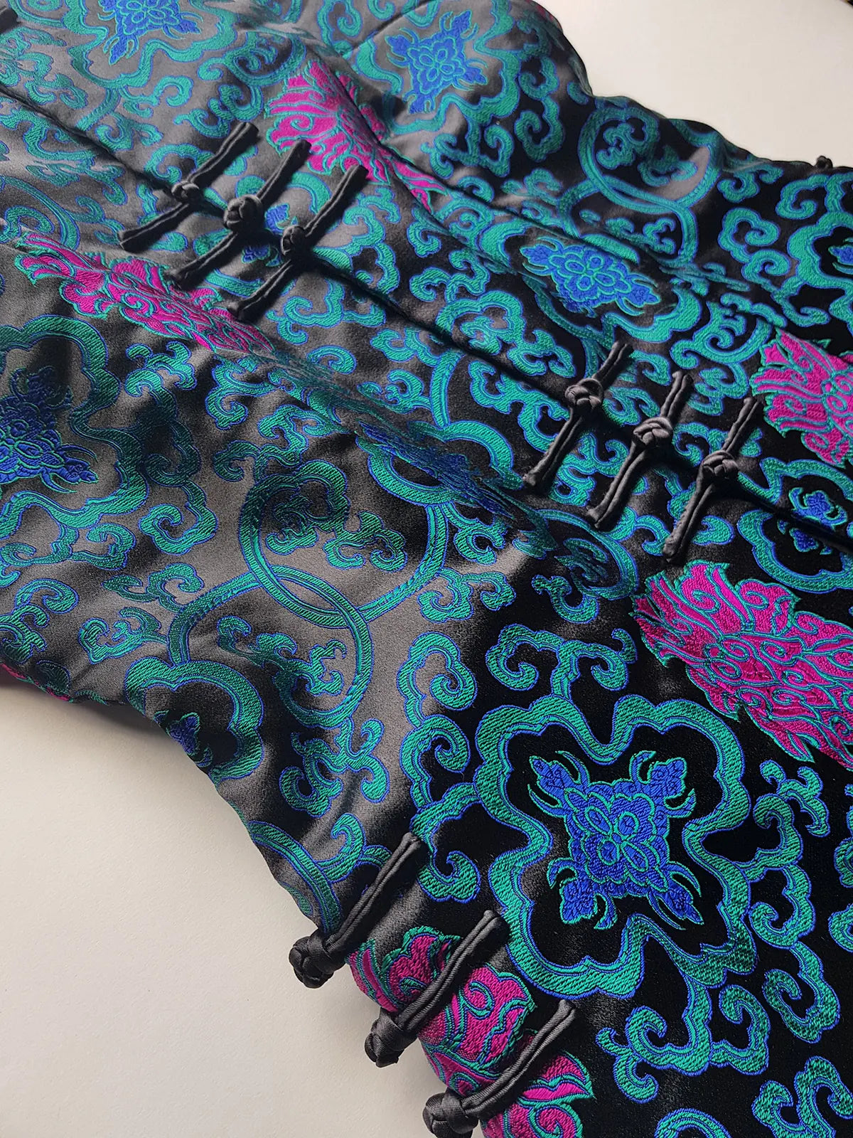 90s Vintage Oriental Brocade Rabbit Fur Trimmed Vest / Dress in Rich Blue and Purples