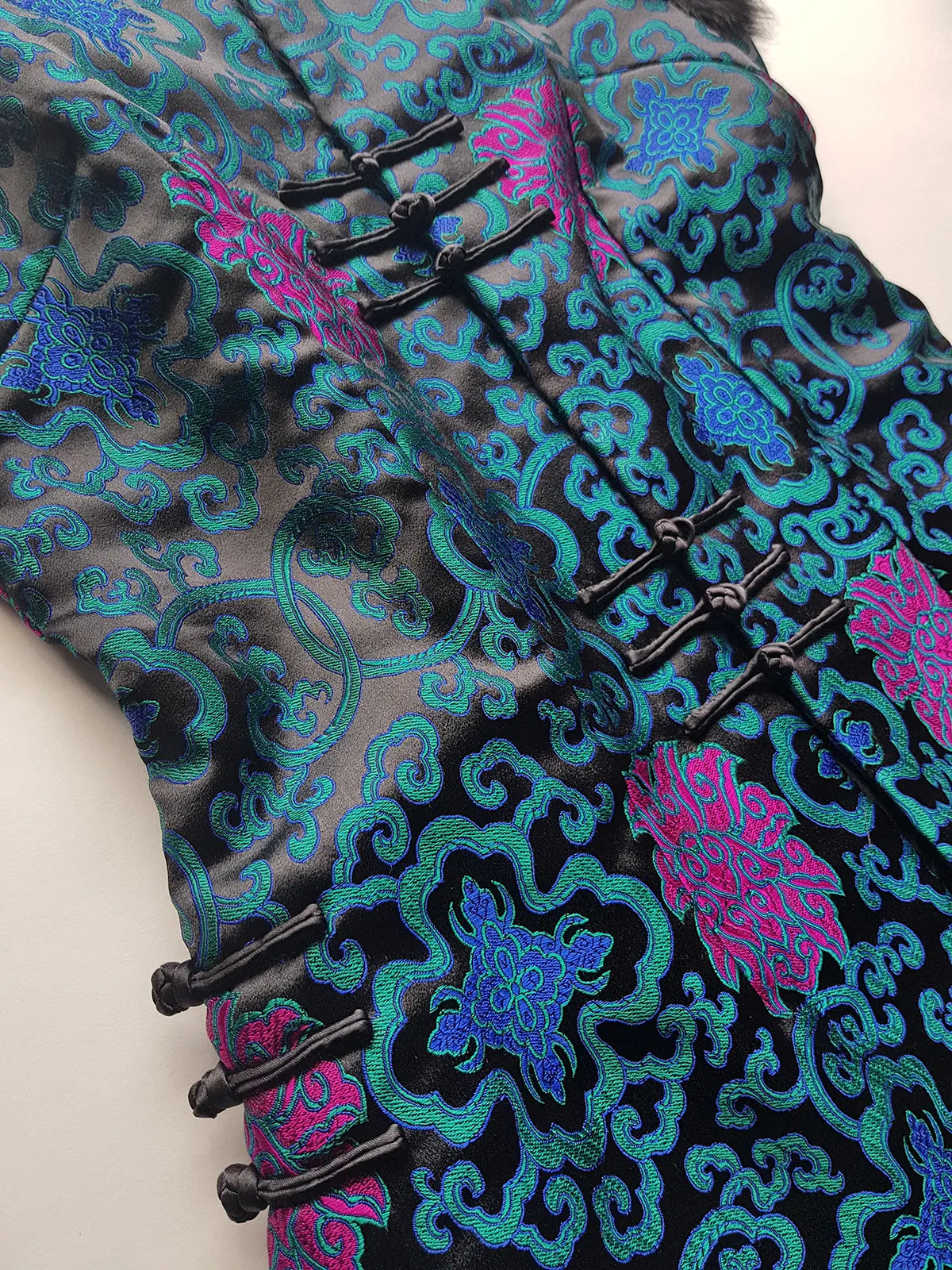 90s Vintage Oriental Brocade Rabbit Fur Trimmed Vest / Dress in Rich Blue and Purples
